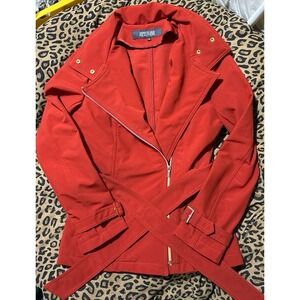 Kenneth Cole Reaction‎ Red Short Trench Coat w/ Gold Buckles & Hidden Hood, XS